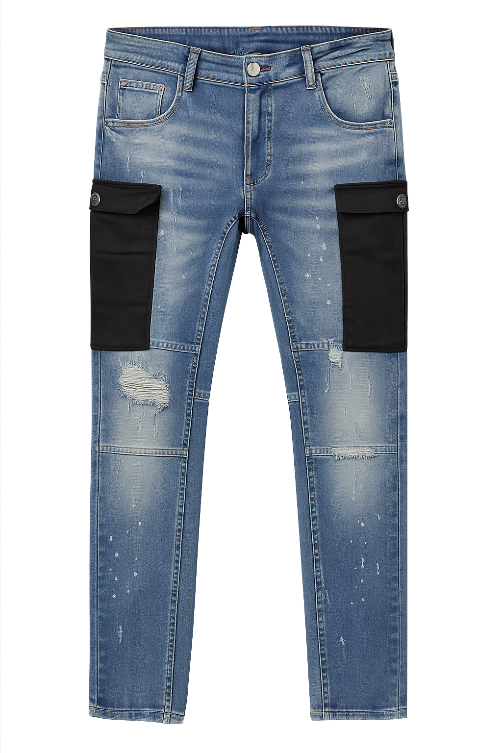 Distressed Blue Patchwork Denim Jeans