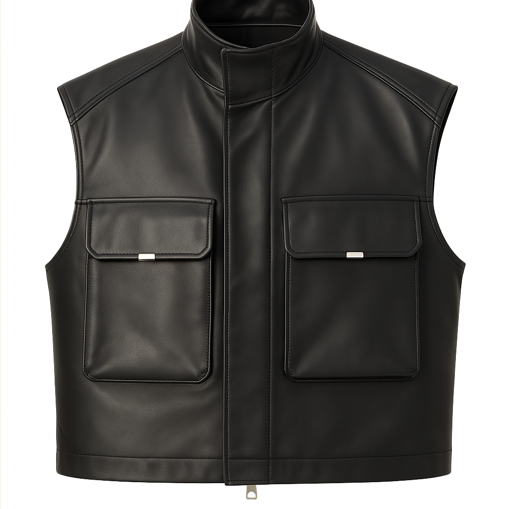 Men’s Black Faux Leather Utility Vest with Oversized Front Pockets