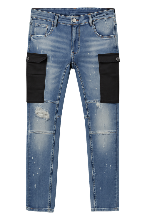 Distressed Blue Patchwork Denim Jeans